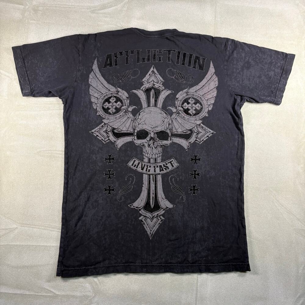 Affliction Live Fast T Shirt XL Black Skull Cross Graphic Biker Y2K Grunge Tee
